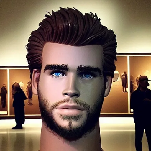 Image similar to “a realistic detailed photo of a guy who is an attractive humanoid who is half robot and half humanoid, who is a male android, actor Liam Hemsworth, shiny skin, posing like a statue, blank stare, at the museum, on display”