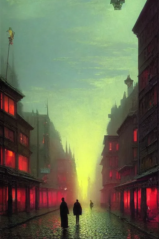 Prompt: the king in disguise, walking through the streets of the city of blood and prisms, night skies, dramatic light, hyperrealistic, colorful skies, digital art, vray, john atkinson grimshaw, ivan aivazovsky