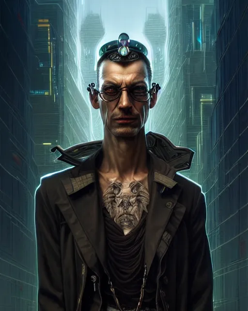 Image similar to front shot of a cyberpunk criminal mastermind character, intricate, elegant, highly detailed, centered, digital painting, artstation, concept art, smooth, sharp focus, illustration, artgerm, Tomasz Alen Kopera, Peter Mohrbacher, donato giancola, Joseph Christian Leyendecker, WLOP, Boris Vallejo, mugshot!!!!!, ugly!!!!!!