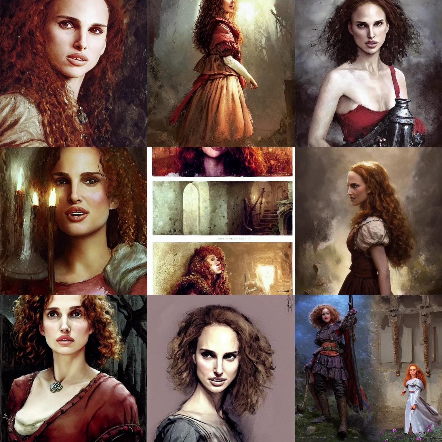 Prompt: young, freckled, curly haired, redhead natalie portman as a optimistic!, enthusiastic, giddy medieval innkeeper in a dark medieval inn. dark shadows, colorful, ( ( ( dim light ) ) ), law contrasts, fantasy concept art by jakub rozalski, jan matejko, and j. dickenson