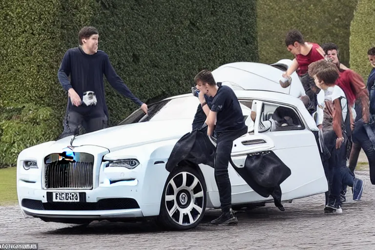 Image similar to A group of teenagers are behind a Rolls-Royce holding him by the boot and pushing him into a white lake from a small slide