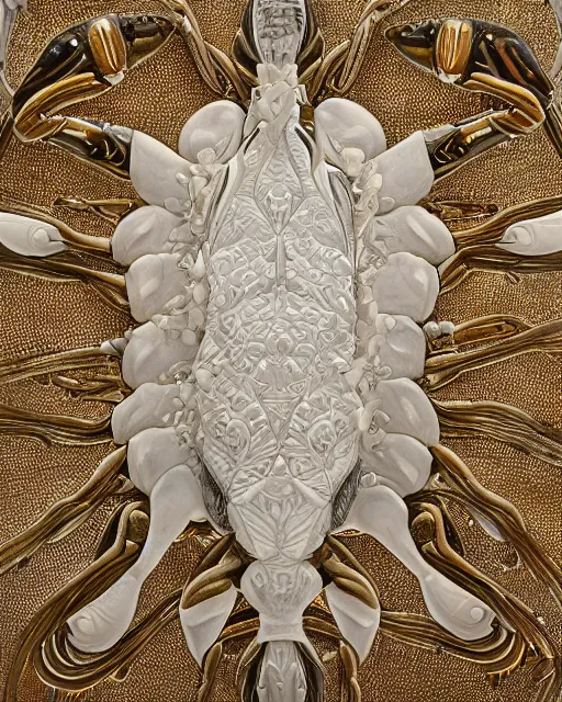 Image similar to symmetry, intracate white marble bas relief sculpture with gold wire inlay, thousands of crabs crabs spiders, snakes, highly detailed, intricately detailed, art nuevo, octane, 8 k, hdr, art by hr geiger and ridley scott, and alphonse mucha, trending on artstation