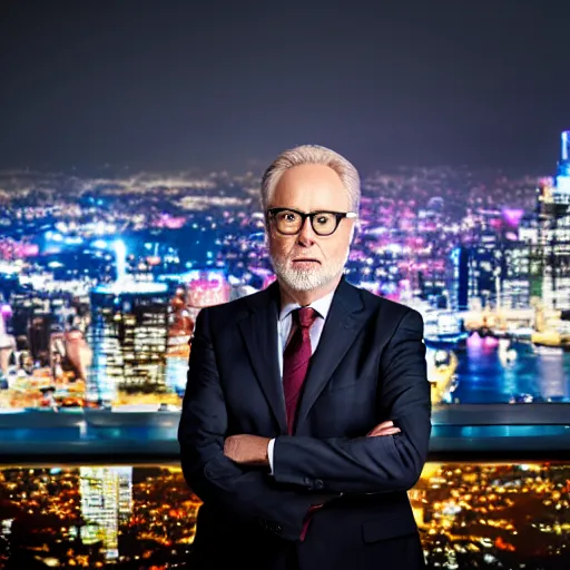 Prompt: a still of Wolf Blitzer . Shallow depth of field. City at night in background, lights, colors ,studio lighting, mood, 4K. Profession photography