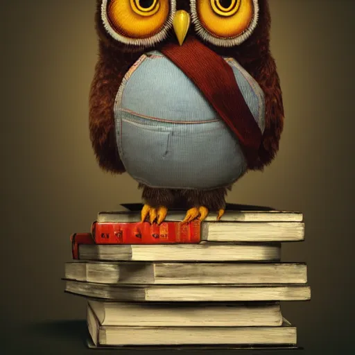 Prompt: long shot of a very cute plush owl sitting on a pile of antique books, big eyes half closed, by naoto hatori, by yoshita amano, by esao andrews, humorous illustration, hyperrealistic, big depth of field, fresh colors, dim light, 3 d octane render conceptart, 4 k, highly detailed, trending on artstation