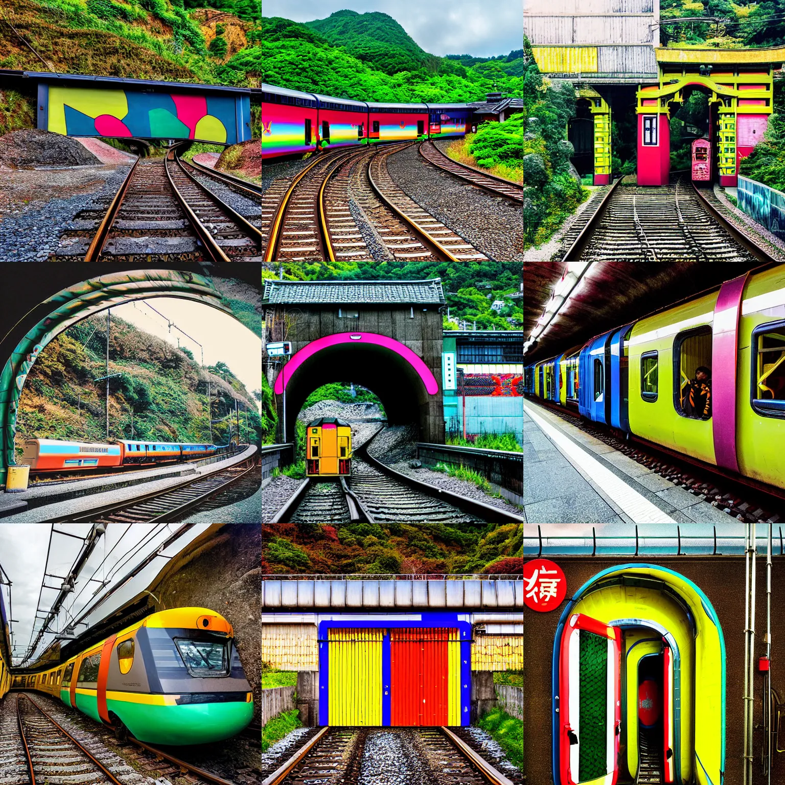 Prompt: photograph of a giant snake with doors and windows emerging from a train tunnel in japan. snake that is a train. whimsical picture, colourful high saturation