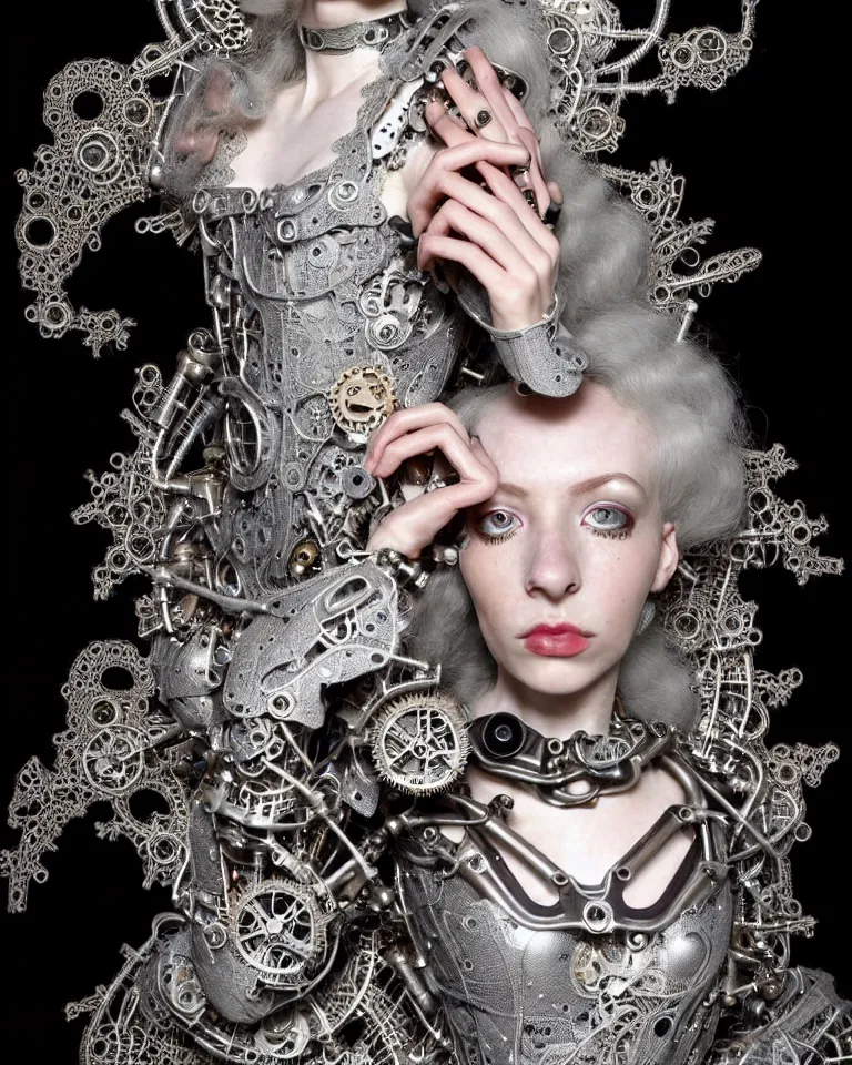 Image similar to highly detailed full body photo of a complex bio-mechanical beautiful young female cyborg with a steampunk metal fine lace face, retrofuturistic depressing hopeless horrific vibe, full shot, full body, pale skin, curled silver metallic hair and a fine metal floral foliage lace collar by Alexander McQueen:: high fashion, haute couture, rococo, steampunk, fine silver filigree details, anatomical, facial muscles, cable wires, microchip, elegant, hyper realistic, 150 mm lens, soft rim light, octane render, unreal engine, volumetric lighting, 8k, muted reflective metallic coloring, sharp focus