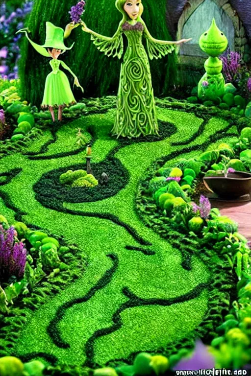 Prompt: intricate detailed Green Witch Magic being Cast to create a magical garden with enchanted, life like plants, Disney Pixar animation