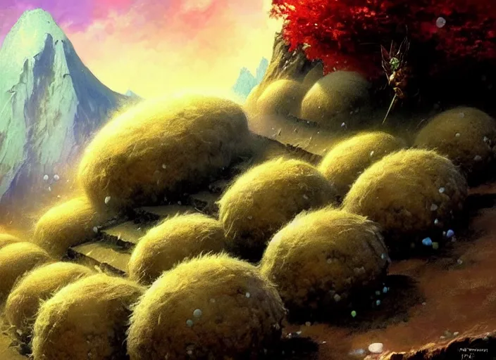 Prompt: magic : the gathering fantasy character concept art of cute riceballs bouncing down a mountain path, by franz frazetta, high resolution. rice granules scattered all around, fantasy coloring, intricate, digital painting, artstation, smooth, sharp focus