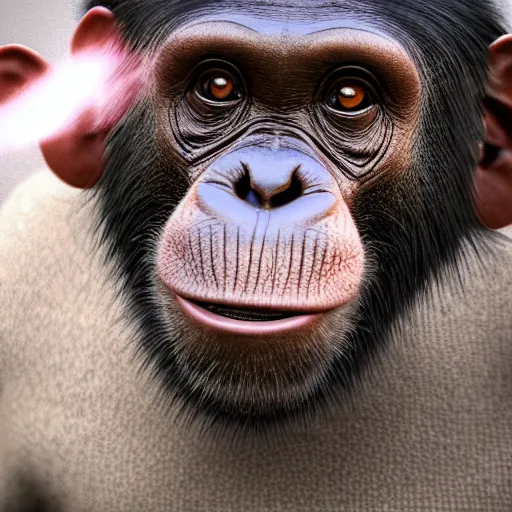 Image similar to a high detail shot of a chimp wearing a suit, smoking, unreal engine