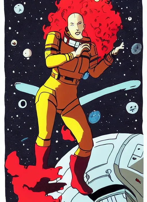 Image similar to a woman with red hair floating in space. she is an astronaut, she is wearing a space suit. well composed, clean elegant painting, beautiful detailed face. comic book art by mike mignola