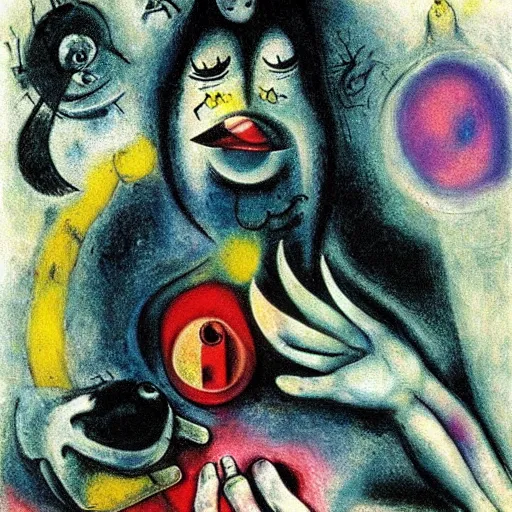 Prompt: A body art. A rip in spacetime. Did this device in her hand open a portal to another dimension or reality?! Monster by Mistake by Marcell Chagall intuitive