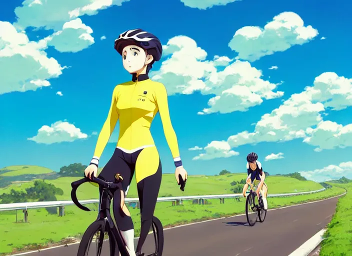 Image similar to portrait of cute girl riding road bike, sunny sky background, lush landscape, illustration concept art anime key visual trending pixiv fanbox by wlop and greg rutkowski and makoto shinkai and studio ghibli and kyoto animation, symmetrical facial features, sports clothing, yellow helmet, nike cycling suit, backlit, aerodynamic carbon frame, sponsors logo, two legs