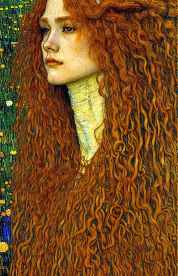 Image similar to detailed realistic beautiful young medieval queen face portrait by jean delville, gustav klimt and vincent van gogh, art nouveau, symbolist, visionary, gothic, pre - raphaelite, muted earthy colors, desaturated