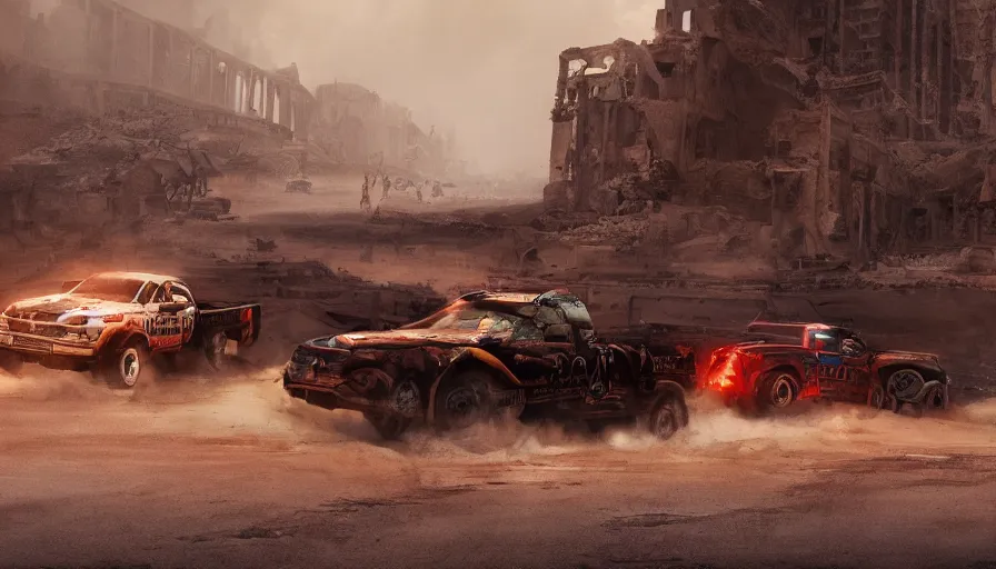 Image similar to truck racing in las vegas's ruins, sandstorm, lightning, fire, hyperdetailed, artstation, cgsociety, 8 k