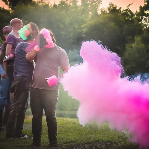 Prompt: photograph of fighter jet gender reveal, dropping pink powder, 50mm, professional photography,