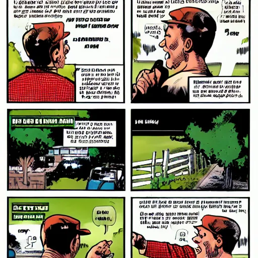 Image similar to comic book page of a farmer yelling, speech bubble with text