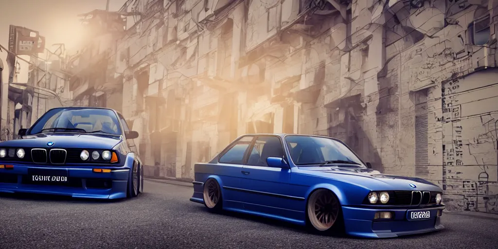 Prompt: car meet of bright dark blue BMW e30, octane render, cinematic, vibrant colors, hyper realism, depth of view 8k.