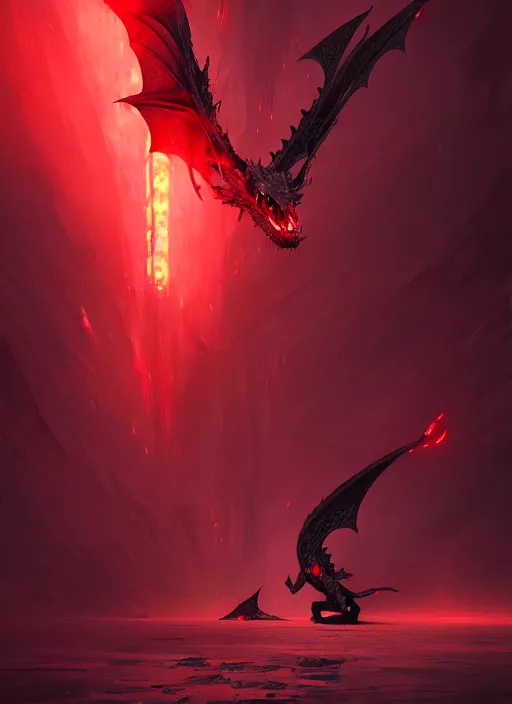 Image similar to black dragon, red demonic eyes, red smoke background, photorealistic, ultra detailed, trending on artstation, concept art, octane render, unreal engine, by shinji aramaki, by christopher balaskas, by krenz cushart