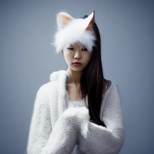 Image similar to full body aesthetic photograph of a beautiful young Japanese woman wearing fuzzy white cat ears, by Nick Knight, headshot, realistic, photorealistic, HD, 4k resolution