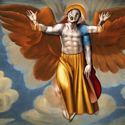 Prompt: An archangel dressed as a clown hovers in the sky, Sistine Chapel fresco art style. 8k