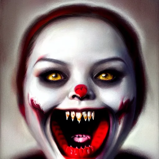 Prompt: Facial portrait. horrorversion version of Hello Kitty, looking at the camera, slight evil smile, lips wide parted, mouth wide open, sharp teeth visible. fear inspiring, intimidating, extremely detailed painting. by Greg Rutkowski and by Henry Justice Ford and by Steve Henderson.