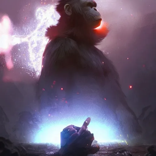 Image similar to Bored ape magician casting bright magic light spell, D&D, fantasy, cinematic lighting, highly detailed, digital painting, artstation, concept art, smooth, sharp focus, illustration, volumetric lighting, 8k, art by Akihiko Yoshida and Greg Rutkowski