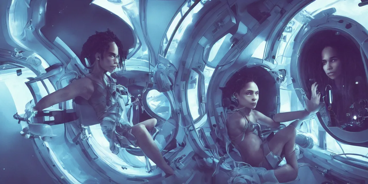 Prompt: Zoe Kravitz futuristic astronaut, inside large window of ship, spacesuit with small led lights, underwater in the ocean at night, clear water, bubbles, volumetric lighting, glowing lights, 4k, octane, digital painting, artstation, concept art, sharp focus, illustration, high contrast, high saturation , cinematic film still, art by artgerm and greg rutkowski and alphonse mucha , wide angle view,
