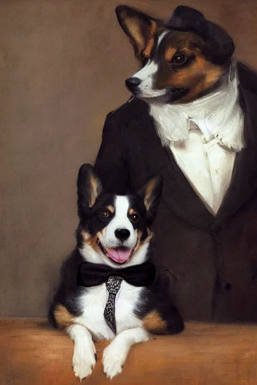 Prompt: portrait of a corgi in a suit, royal, by rembrandt and konstantin razumov