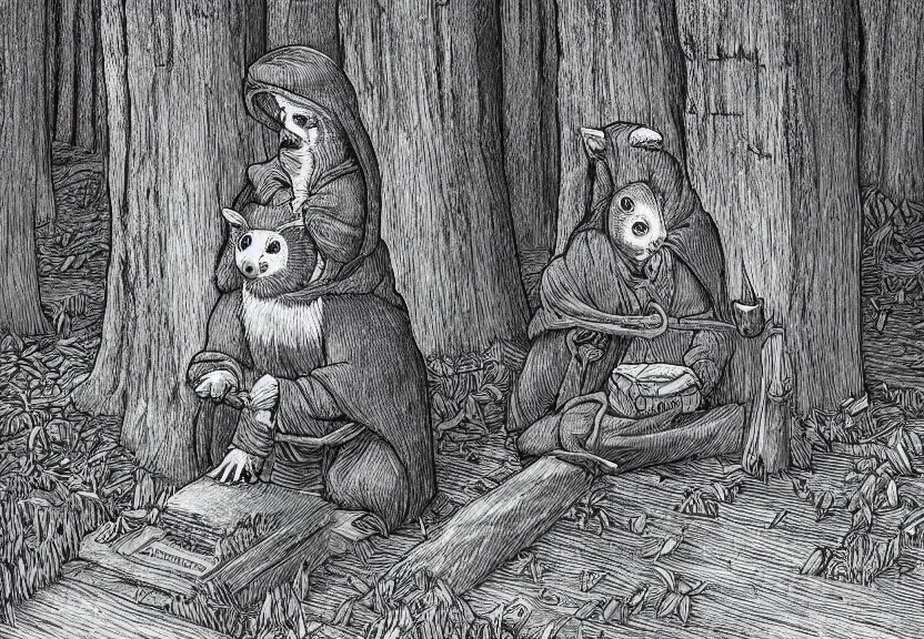 Prompt: a possum dressed like a monk at a medieval cemetery in the middle of the forest at night, isometric, highly detailed, digital art