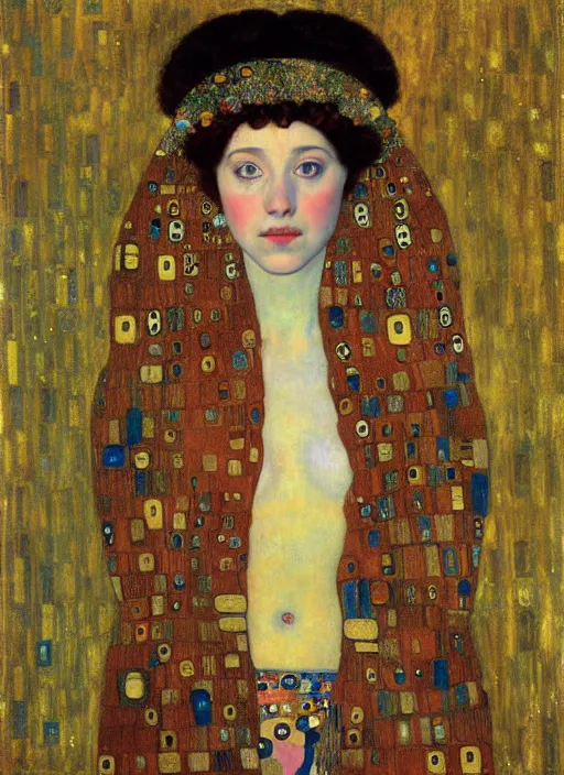 Image similar to portrait of young woman in renaissance dress and renaissance headdress, art by gustav klimt