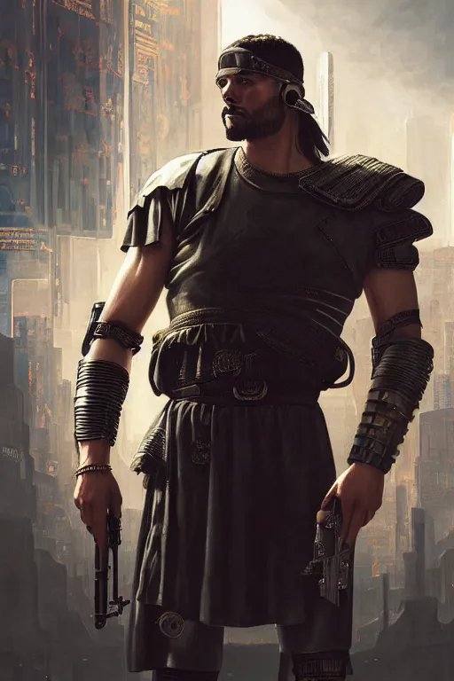 Prompt: A film still roman soldier as a cyberpunk 2077 loading screen, highly detailed, digital painting, artstation, concept art, sharp focus, illustration, cinematic lighting, art by artgerm and greg rutkowski and alphonse mucha diffuse lighting, fantasy, intricate, elegant, highly detailed, lifelike, photorealistic, digital painting, artstation, illustration, concept art, smooth, sharp focus, art by John Collier and Albert Aublet and Krenz Cushart and Artem Demura and Alphonse Mucha