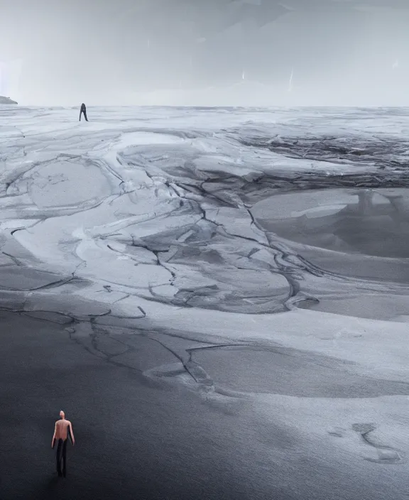 Image similar to surreal covenant deformation in the exploration, futuristic white architecture in the black sand beach in iceland, berserk, foggy, highly detailed, digital painting, arstation, concept art, hyperealistic octane render, unreal engine,