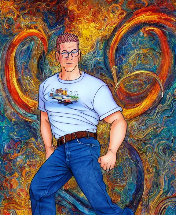 Image similar to hank hill wearing bluejeans and white tshirt, the god of propane, blue flames, magic realism, art by mike judge, art by josephine wall, art by huang guangjian, art by viktoria gavrilenko, art by amanda sage, trending on artstation