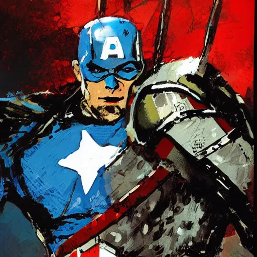 Image similar to captain America in medieval knights battle armor, by Ashley Wood, Yoji Shinkawa, Jamie Hewlett, 60's French movie poster, French Impressionism, vivid colors, palette knife and brush strokes, Dutch tilt