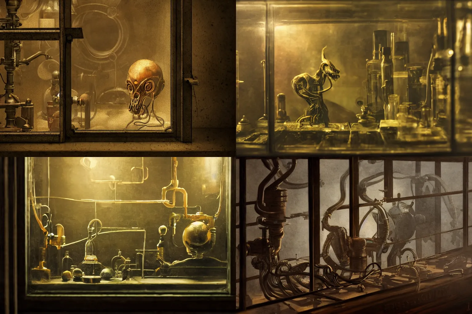 Prompt: a dark steampunk laboratory interior close up view of a strange creature inside a display case in the afternoon with dusty atmosphere with only by one window, painting 3D by Bartlomiej Gawel
