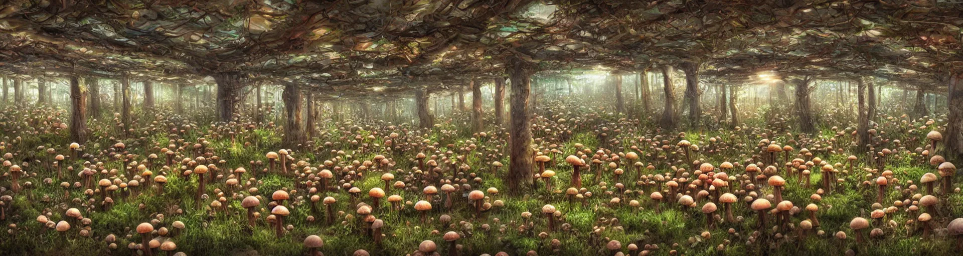 Image similar to Mushroom farm, hyper realistic, photo realism, trending on art station, digital art, maximalist, in the style of Mario Martinez