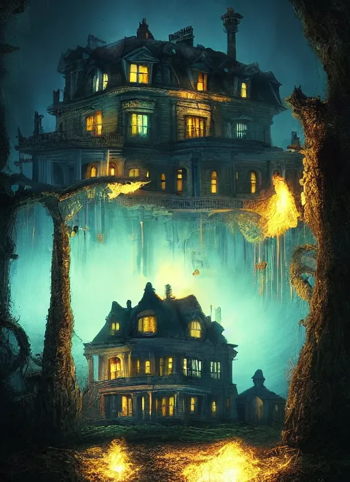 Image similar to glowing mansion in burning vapor dramatic lighting, artstation, glowing giant squid destroying the mansion, matte painting, alexander fedosav, alexander jansson