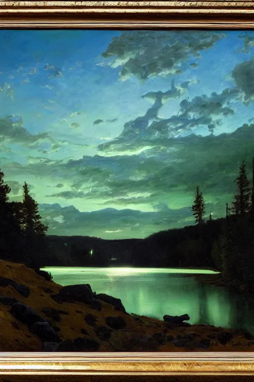 Image similar to landscape portrait of the throneroom of the minnesota timberwolves, 1 8 8 9, in full military decoration, midnight blue, aurora green, lake blue, moonlight grey, oil on canvas by william sidney mount, trending on artstation