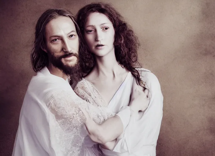Prompt: married couple, jesus hugging a woman, spirit hugs, in style of paolo roversi, britt marling style 3 / 4, a beautiful ethereal lace white robe, 8 k, soft focus, soft light, volumetric lighting, highly detailed realistic, refined, highly detailed, natural outdoor soft pastel lighting colors scheme