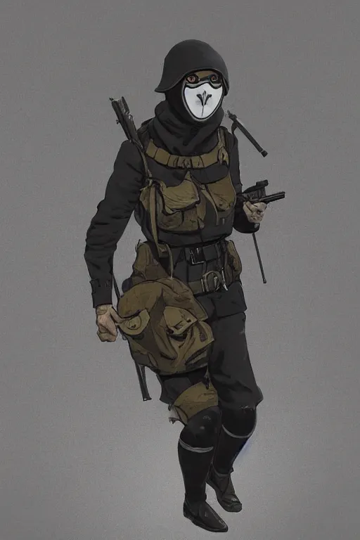 Image similar to ww 1 british sas female masked operative with the standard black uniform and a white porcelain crow mask, artstation, trending on artstation, establishing shot, by simon stalenhag