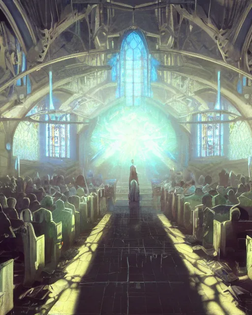 Prompt: craig mullins and glenn fabry digital illustration of a crowd in a futuristic church, strong contrast, priest, pews, ethereal, inviting, bright, raking light from stained glass windows, unreal engine, hyper realism, realistic shading, cinematic composition, realistic render, octane render, detailed textures, photorealistic, wide shot