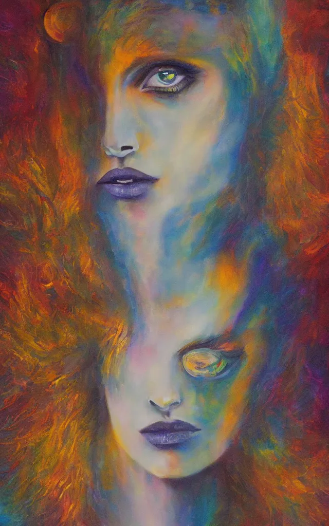 Prompt: iridescent spirit of desire and fear cruel beautiful spirit androgynous with golden eyes lunar mythos ambient fog, award winning oil painting, distinct color palette