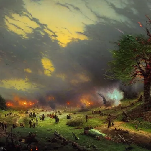 Prompt: Thomas Kinkade painting of a battlefield after battle, overcast weather, dark, ground is stained with blood and corpses lay around