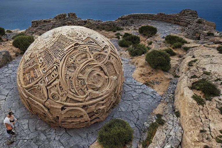 Prompt: photograph of a gigantic paleolothic sphere made of stone with highly detailed carvings of intricate shamanic robotic electronics and circuits, in a mediterranean lanscape, inside a valley overlooking the sea, by michal karcz, mediterranean island scenery, mediterranean vista