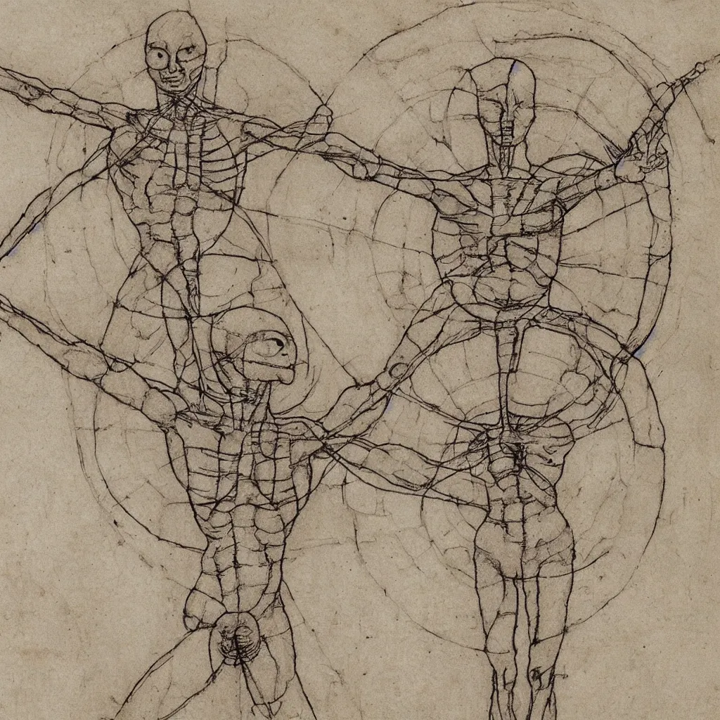 Prompt: vitruvian alien drawing by leonardo da vinci, 8 k