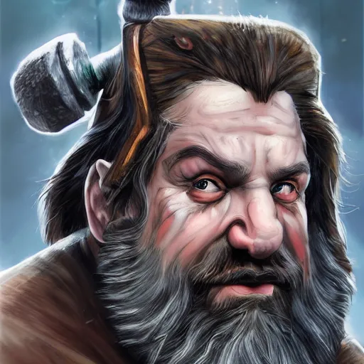 Image similar to a fantasy comic book style portrait painting of a dwarf berserker swinging axes, unreal 5, daz, hyperreal