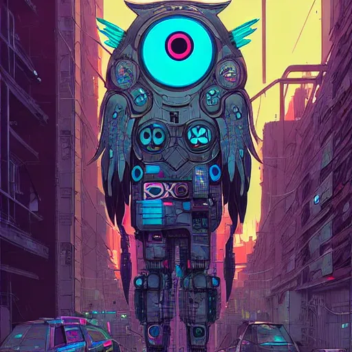 Image similar to A cyberpunk owl cyborg on the street of a cyberpunk city art by Josan Gonzalez, sci-fi, highly detailed, digital painting, artstation, smooth, sharp focus, illustration, concept art by Josan Gonzalez and James Gurney and Mœbius