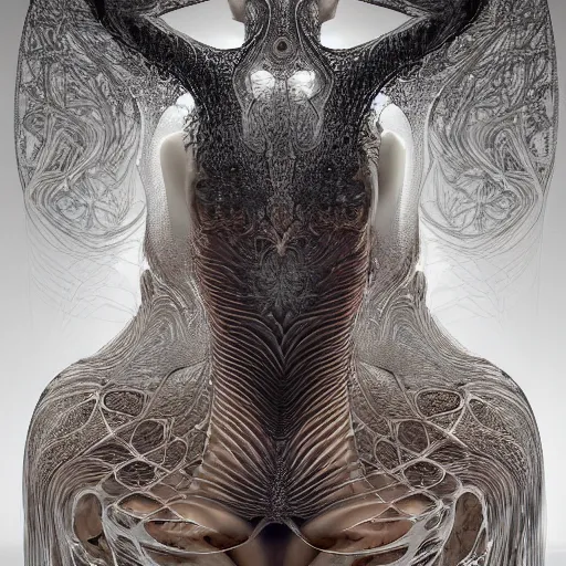 Image similar to high priestess queen of jupiter by iris van herpen, zaha hadid, zdzisław beksinski and alphonse mucha. highly detailed, hyper - real, very beautiful, intricate fractal details, very complex, opulent, epic, mysterious, trending on deviantart and artstation