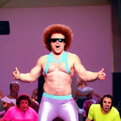 Image similar to seth rogan as richard simmons, photograph