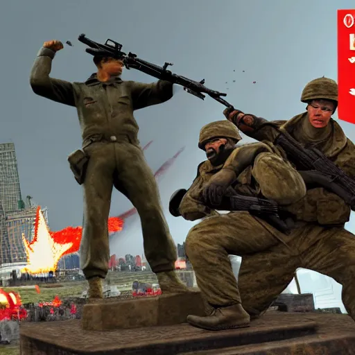Prompt: The war between the Soviet Union and America, the action takes place in New York, far away against the background of the Statue of Liberty, a lot of soldiers and military equipment, a lot of explosions and tracer bullets, a lot of ruins, a very epic battle, the style of the picture game world in conflict